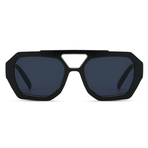 Image of Xpectrum Retro Trendy Aviator Sunglasses for Womens Mens Vintage Hexagonal Square Double Bridge Sun Glasses X9666 (Black), 65mm