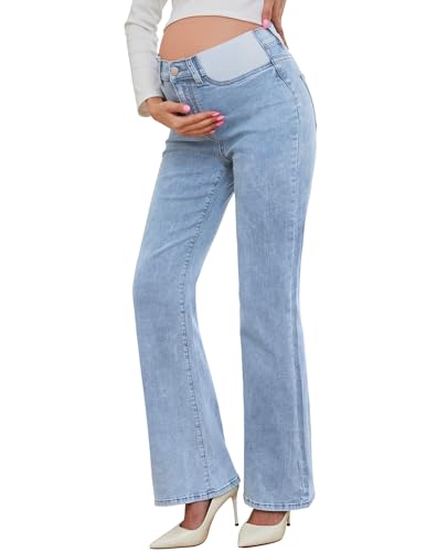 PACBREEZE Women's Maternity Flare Jeans Mid-Rise Stretchy Bell Bootcut Jeans Denim Pregnancy Pants, S-XXL (Light Blue, Large)