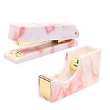 MultiBey Pink Marble Stapler and Tape Dispenser Set with 1000 Rose Gold Staples & Tape, Non-Slip Rubber Base Desk Stapler Tape Cutter for Women Office Home