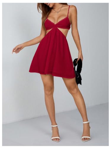 Image of OYOANGLE Women's Cut Out Smocked Sundress Backless Ruffle A Line Cami Dress Flowy Mini Dress