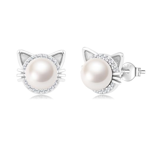 Cat Pearl Earrings - Sterling Silver Blue/Black/Gold/White Cultured Pearl Stud Earrings, Cute Small Animal Jewelry Gifts for Women Cat Lovers