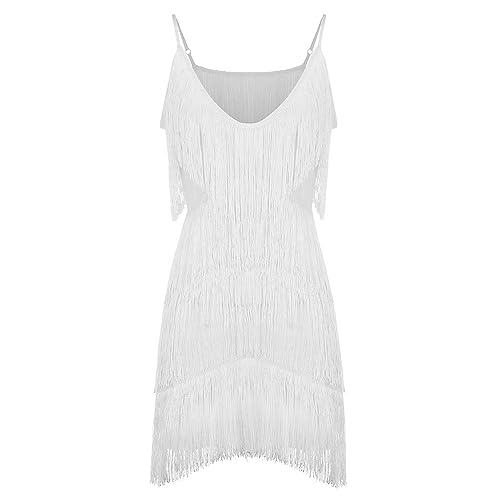 Berimaterry Vestido de borla para mujer, con flecos, cuello en V profundo, sin mangas, con borlas, vestido de cóctel para tango latino, Samba, Cha Cha, fiesta, vestido de baile vintage, blanco, L