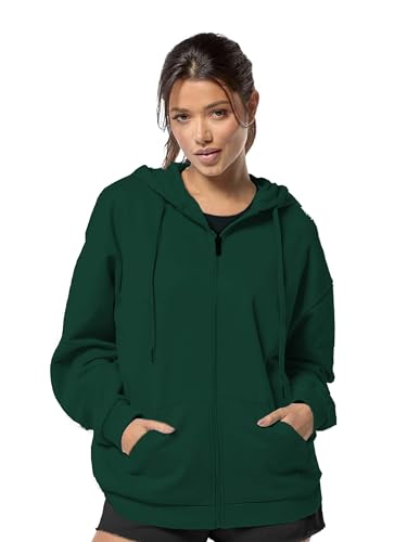Image of DROBE Relaxed Fit Plain Cotton Blend Full Sleeves Hodded Zipper Jacket for Women