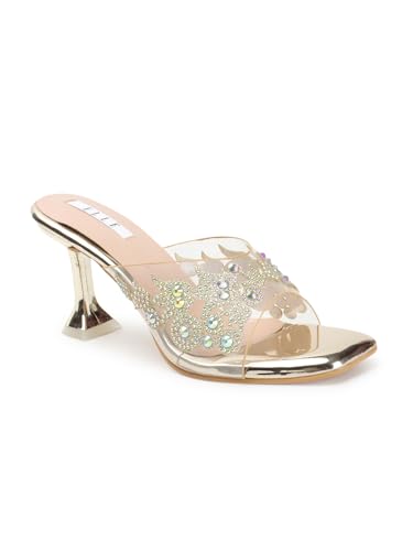 Image of ELLE women's Square Toe Spool heel Embellished Strap Slip-On Sandal