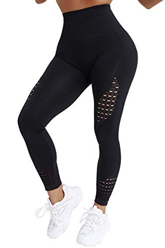 NORMOV Hollow Compression Leggings for Women-Gym Athletic Workout Tights (Black, XS)