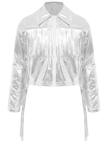 Kids Girls Tassel Metallic Jacket Long Sleeve Zipper Shiny Holographic Fringe Jacket for Birthday Party3