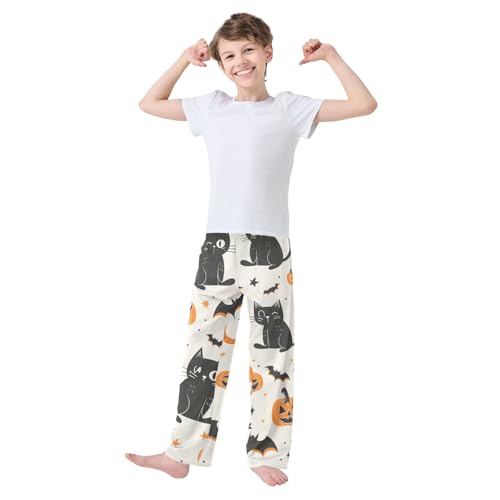 Halloween Cat Pumpkin Boys Long Pants Soft Trousers Elastic Waist Kids Lounge Bottoms with Pockets S-XL2