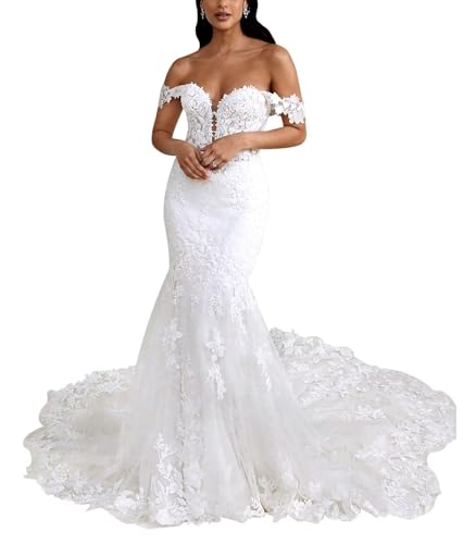 Women's Mermaid Wedding Dresses for Bride Detachable Off The Shoulder Straps Lace Applique Bride Dress with Train