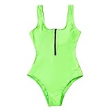 Einteiliger Damen-Badeanzug, Reißverschluss vorne, Kontrastfarben, modischer Badeanzug, Bauchkontrolle, Badeanzug, Vintage-Stil, gedreht, gerüscht, Badeanzug, Übergröße, grün, 46