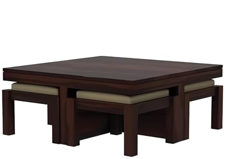 Image of Loonart Solid Sheesham Wood Coffee Table with Four Cushioned Stools | Idel for Living Room | Cafe | Restaurant | Space Saving Indoor Table Set | Finish Color - Walnut Finish | Cream Cushion |