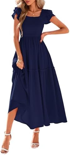 KIRUNDO Smocked Summer Dresses for Women 2026 Wedding Guest Midi Flowy Ruffle Short Sleeve Square Neck Tiered Sundress