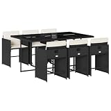 7 Piece Patio Dining Set with Cushions, Black Poly Rattan Outdoor Furniture with Folding Chairs and Tempered Glass Table