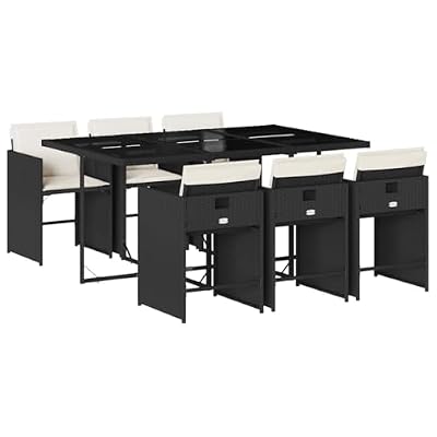 7 Piece Patio Dining Set with Cushions, Black Poly Rattan Outdoor Furniture with Folding Chairs and Tempered Glass Table