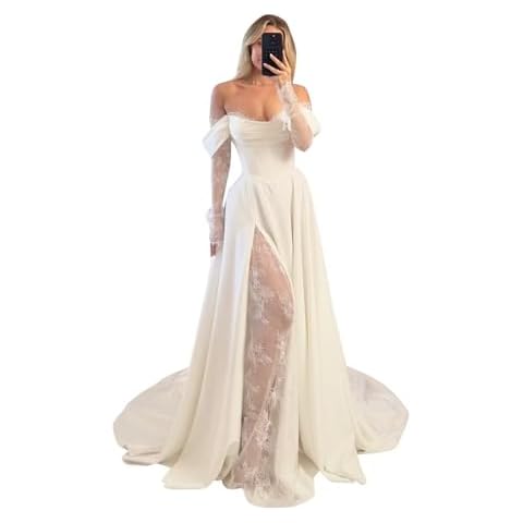 Rjer Off The Shoulder Ivory Corset Wedding Dresses Long Sleeve Satin Prom Dresses with Slit Elegant Lace Ball Gowns for Women Formal Ivory Size 6 Cover