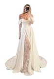 Ivory Long Sleeve Wedding Dresses Lace Off The Shoulder Prom Dresses with Slit Corset Formal Dress Evening Gown Ivory Size 2