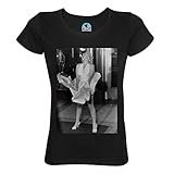 Taillierter Schnitt T-Shirt für Damen, Rundhalsausschnitt, Bio-Baumwolle, Marilyn Monroe, Kleid, Metro Star Hollywood, Retro-Foto, Schwarz , Small