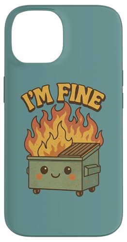 I'm Fine Dumpster Fire アートワーク かわいいごみ箱 ファイヤーアート スマホケース iPhone 14 用