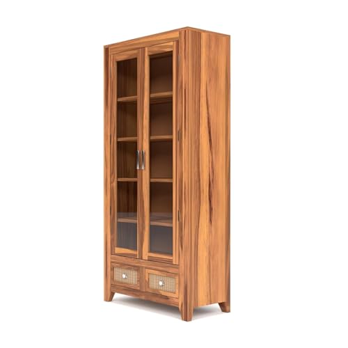 Image of Solid Sheesham Wood Book Cabinet with Acrylic Glass Doors | Rosewood Display Storage Unit with Shelves & Drawers for Home & Office | Louge (B-Honey)