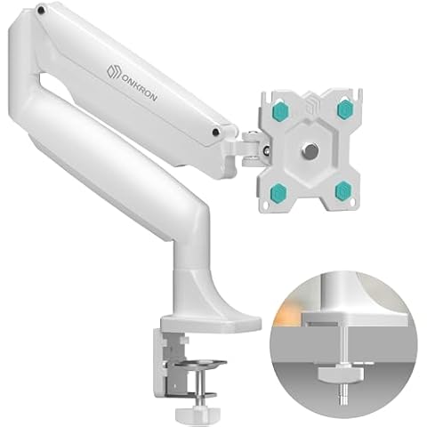 ONKRON Desk Monitor Mount for 13-32 Inch Screen up to 19.8 lbs, PC Monitor Arm Gas Spring 75x75 & 100x100 VESA Single Monitor Arm Desk Mount - Full Motion Monitor Mount Swivel Tilt Rotation White Cover