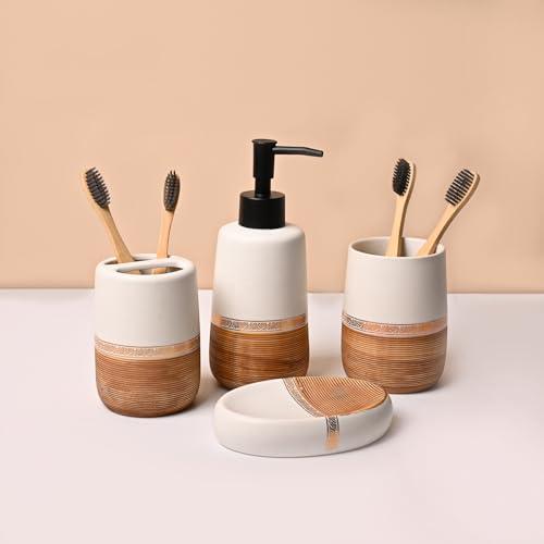 Image of Market99 Ceramic Bathroom Set of 4 in Matte Golden & White with Elegant Wooden Elegance Design, Includes Soap Dispenser, Tumbler, Toothbrush Holder, and Soap Dish, Soap Dispenser 400 ML Capacity