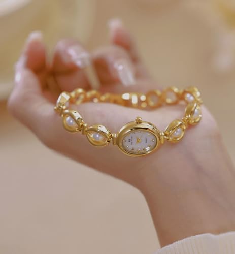 Elegant Pearl-Embellished Women's Dress Watch with Oval Dial and Gold Bracelet - Waterproof Analog Fashion Timepiece - Image 5