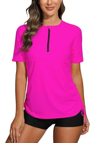 Camiseta de manga corta con cremallera con fruncido UPF 50 mujer licra de bano rosa de neopreno