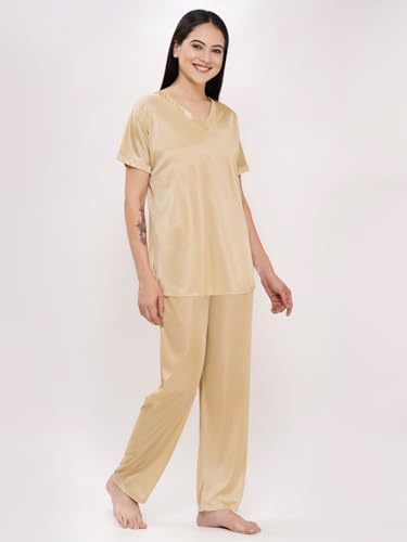 Image of Romaisa Women's Golden Satin Night Suit Set for Women - Stylish Pajama Set Sleepwear Lounge Wear Comfortable Nightwear