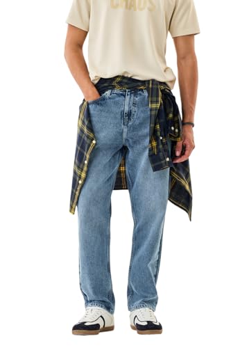 Image of SNITCH Men Casual Jeans | Baggy Fit with Mid Rise & Relaxed Thigh | 100% Cotton Woven Denim for All Seasons | Durable & Comfortable Design for Everyday Wear