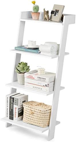 Tangkula 4 Tier Ladder Shelf, Leaning Bookshelf with Solid Wooden Frame, Anti-toppling Device, Anti-Falling Baffle, Open Shelving Unit for Home Office, 19.5 x 17.5 x 43 Inches (White)