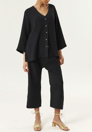 Image of NOTHING FITS BUT Muslin Gauze Nursing Set, 2 Piece Postpartum Pajamas, Ultra Soft Maternity Loungewear for Nursing, Soft Pjs