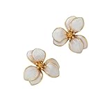 Gold Flower Dripping Oil Statement Earrings Vintage Unique Enamel Floral Studs Earring Elegant Geometric Summer Boho Floral Jewelry for Women (White)