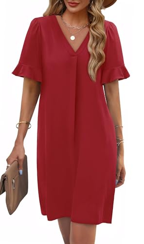 Image of OFEEFAN Summer Dresses for Women Ruffle Short Sleeve V Neck Casual Shift Dress with Pockets
