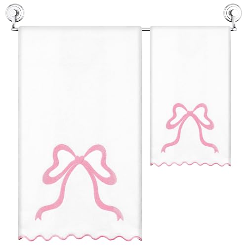 Fanfanwin Set of 2 Pink Bow Bath Towels Set Coquette Scalloped Embroidered Hand Towel 100% Cotton Cute Preppy Decor for Bathroom Shower Supplies
