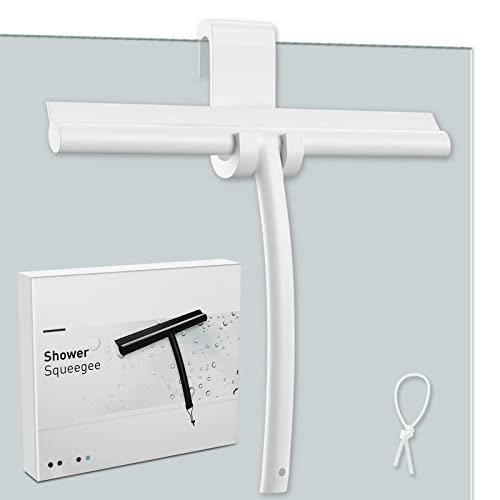 MOSUO Rasqueta Limpiacristales para Ducha, Limpia Mamparas Silicona con Gancho, Rasqueta Núcleo Acero INOX para Baño, Cristal, Puerta de Ducha, Espejo Rasurador de Ventana - Blanco