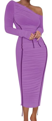 Image of Women's Long Sleeve Mesh Dress - Bodycon Off Shoulder Mesh Ruched Cocktail Club Maxi Dresses
