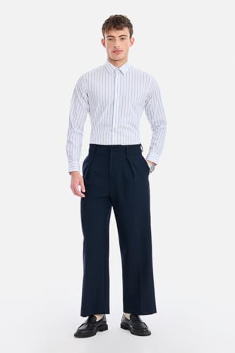 Image of SNITCH Men Semi-Formal Shirt | Modern Slim Fit Full Sleeve Point Collar Vertical Stripe Pattern | Cotton Blend Stretch Fabric for Office & Business Casual Wear