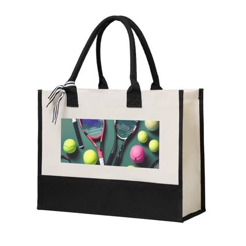 JBJGKHLP Divertidas raquetas de tenis y pelotas de tenis con impresión de gran capacidad, bolsa de compras de lona para mujer, respetuosa con el medio ambiente para el día de la madre