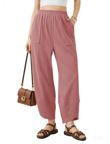 niyokki Summer Pants for Women Baggy Wide Leg Pants Casual Elastic High Waisted Palazzo Harem Pants with Pockets(Pink-M)