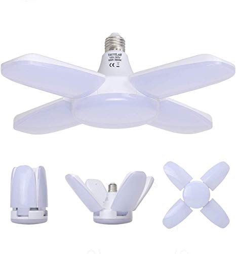 Sauglae LED garageverlichting, E27 vervormbare 60W 6000LM, warm wit 3000K, LED garagelampen met 4 instelbare panelen voor garage, magazijn, werkplaats, kelder (Pack van 1)