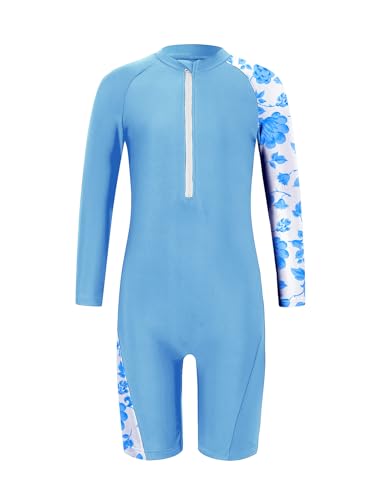 Image of Girls One Piece Rash Guard Swimsuit Long Sleeve Swimsuits with Zipper Patchwork Beach Bathing Suit for Kids 4-13 Years