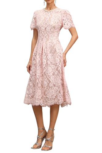 Pink Short Sleeve Trim Round Neck Date Night Dress Midi Floral Embroidered Plaeted A Line Lace Dress