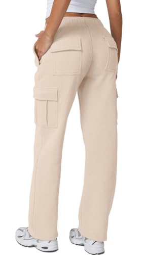 QINSEN Woman's Elastic Waist Winter Fleece Pants 6 Pockets Active Jogger Pants Beige L