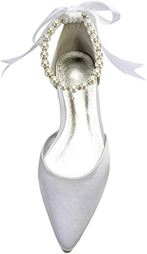 Eldecey Women Wedding Bridal Shoe Comfort Flat Satin Pearls Shoes Pointed Toe Ankle Strap Prom Evening Party Pumps - Image 4