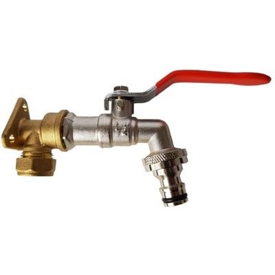 15mm Brass Wall Mount Plate Kit - Lever Garden Tap 1/2 BSP Male Inlet - SnapOn Male Click Lock Hose Outlet - Copper Pipe Outdoor Tap Point for Irrigation Garden Watering Plumbing - Hozelock Compatible