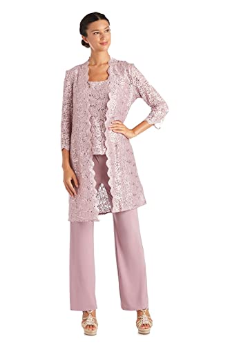 Image of R&M Richards Women's 3-Piece Scallop Glitter Lace Duster Pant Set for Mother of the Bride, Wedding Guest, Cocktail Attire