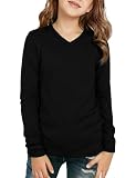 Demegimi Mädchen Langarmshirt V Ausschnitt T-Shirt - Teenager Oberteil Weich Stretch, Casual Kids Kleidung für Schule & Sport,Schwarz，13-14 Jahre