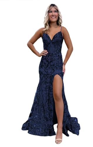 Image of RSOETOO Sparkly Sequin Prom Dresses 2026 with Slit Lace Mermaid Formal Evening Gowns for Women RON058