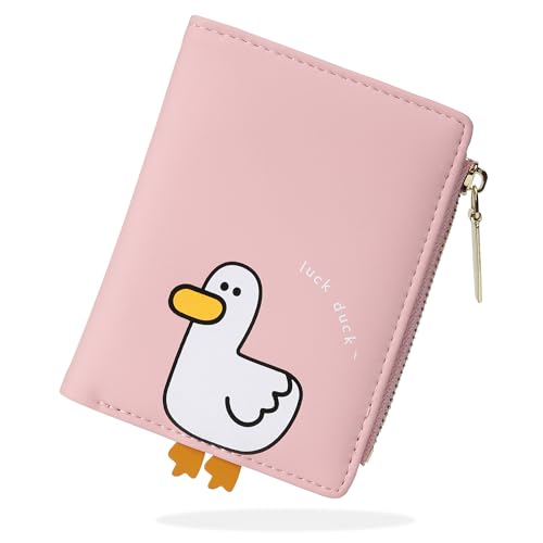 Image of CONISY Cute Wallets for Women, Leather Bifold Small Wallet with Zipper Coin Purse, RFID Blocking Wallet for Girls and Ladies, Duck Pink, Moden