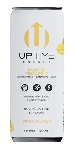 UPTIME Energy Drink, Mango Pineapple, 12 Pack, Vitamin C, L Theanine, Calcium, Sugar Free Energy Drinks for Focus Support, 142mg of Natural Caffeine, 5 Calories, Clean, Natural, Non GMO, 12 fl oz Cans