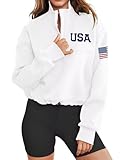 LEEDYA Women's 1/4 Zip American Flag Shirt Pullover V Neck Long Sleeve Cropped Jacket Patchwork Crop Top White S